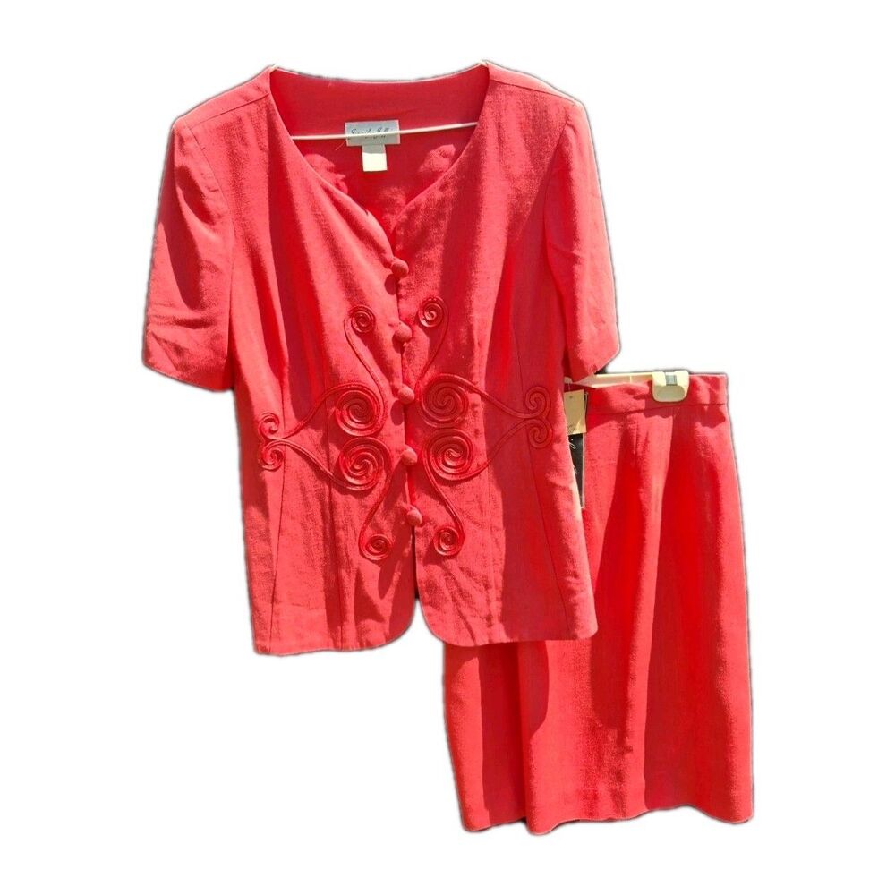 NWT Ladies Skirt Set Vintage Size 10 Coral/Pink Knee Length Short Sleeve 2 Pc